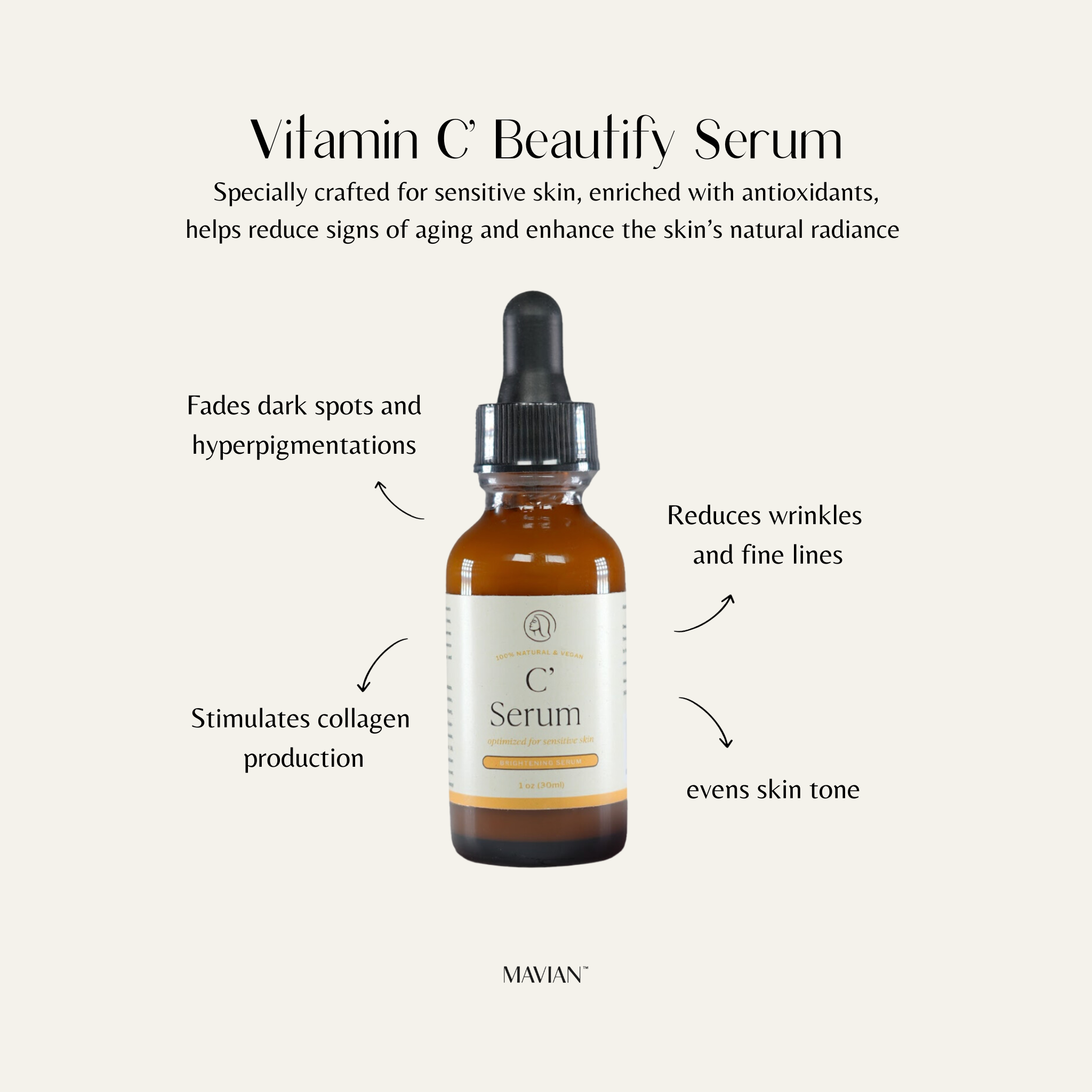 Vitamin C Serum Mavian Beauty benefits: fades dark spots, reduces wrinkles, stimulates collagen and evens skin tone.