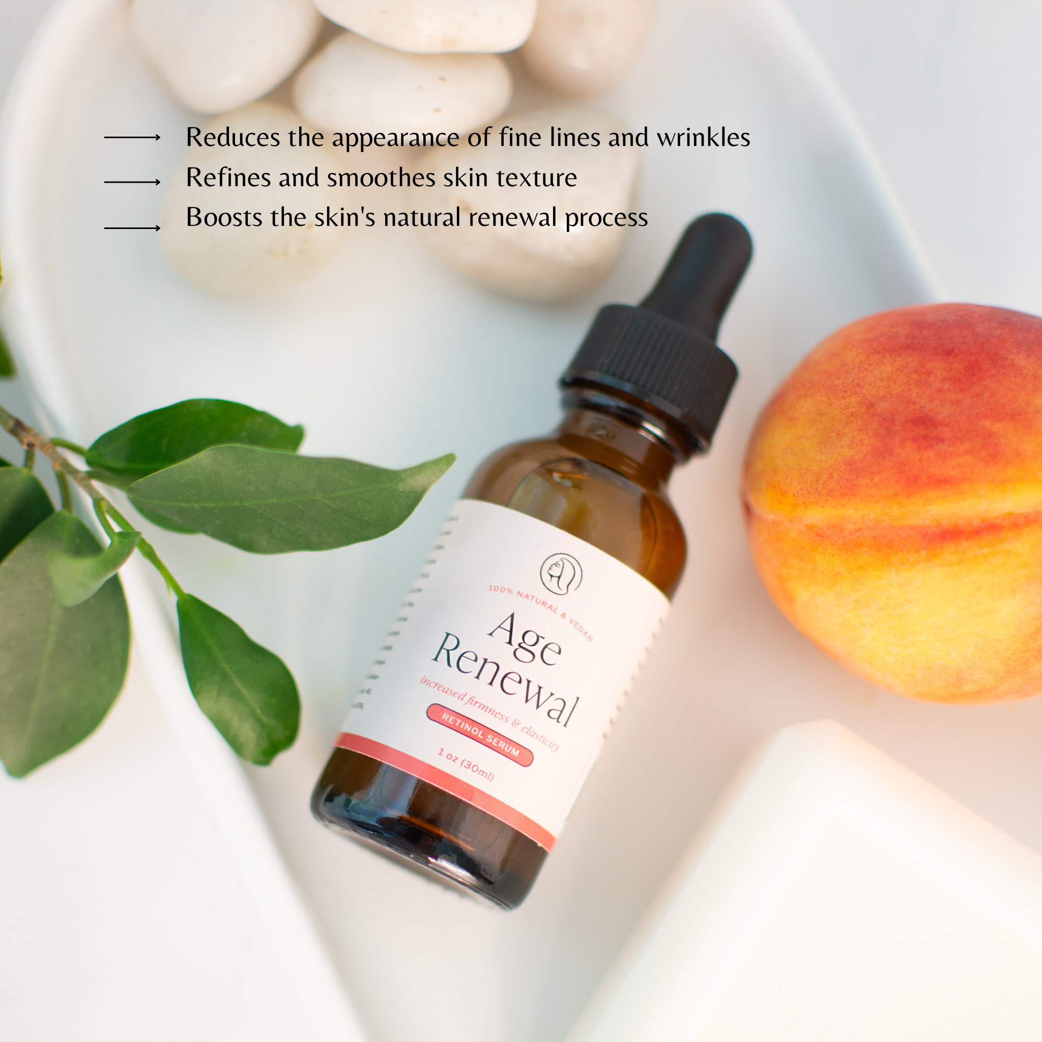 Age Renewal - Retinol Serum from Mavian Beauty with peach and leaves